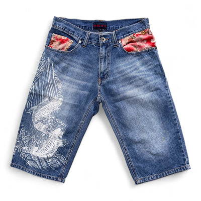 Y2K Dragon Embroidered Denim Jorts – Loose Fit Shorts mit Koistickerei - vintageconcierge