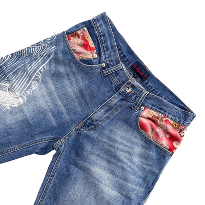 Y2K Dragon Embroidered Denim Jorts – Loose Fit Shorts mit Koistickerei - vintageconcierge