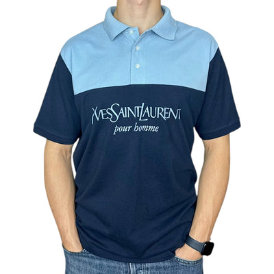 Yves Saint Laurent YSL Spellout Polo Shirt Baby Blau Navy - vintageconcierge