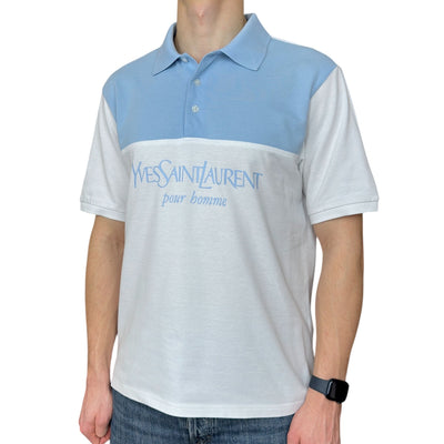 Yves Saint Laurent YSL Spellout Polo Shirt Baby Blau Weiß - vintageconcierge