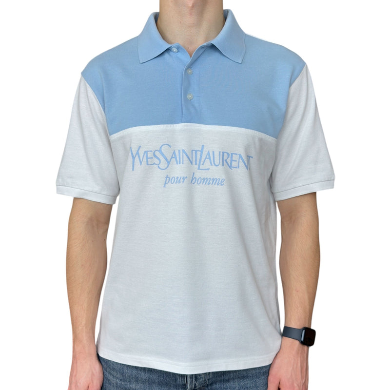 Yves Saint Laurent YSL Spellout Polo Shirt Baby Blau Weiß - vintageconcierge